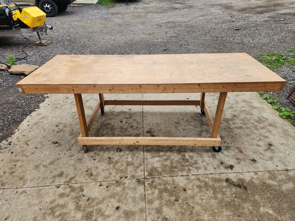 36in W x 98in L x 34 1/4in H Wood Table on Wheels