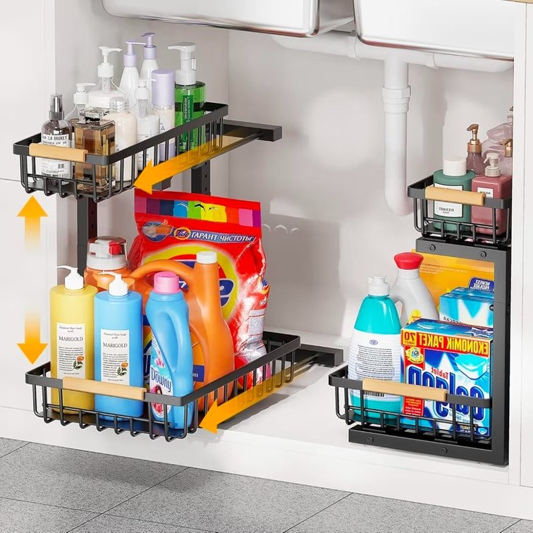 2-Tier Slide Out Under Sink Organizer – 2-Tier Pull-Out Storage Rack, Bathroom organizers and storage for Kitchen and Bathroom, Space-Saving Cabinet Organizer, Rustproof,（Black)(2 Pack)
