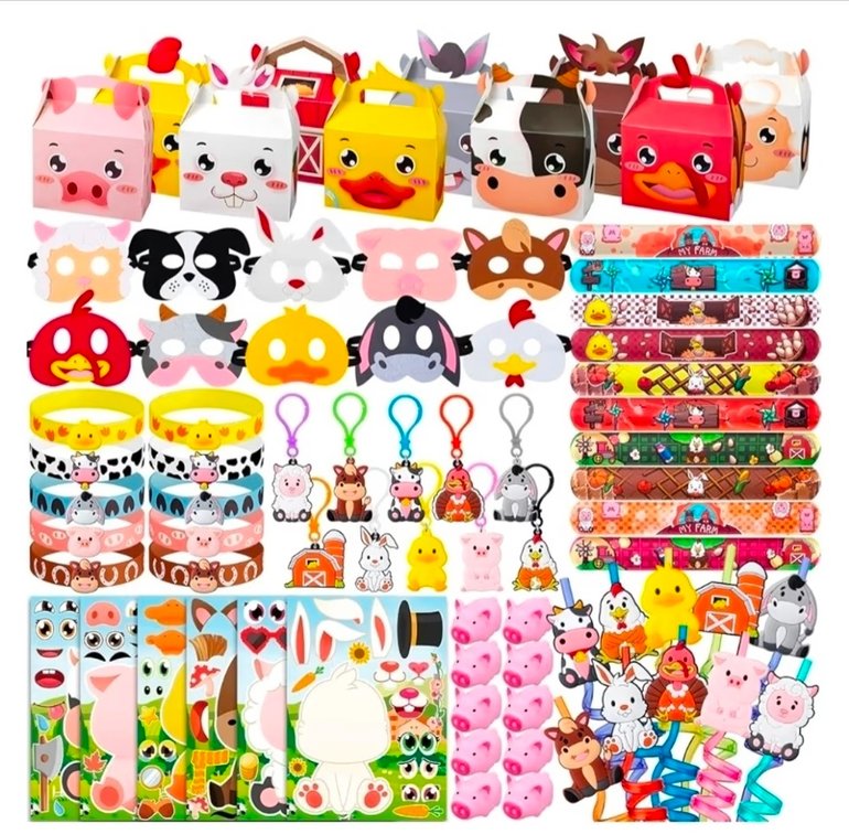 DMIGHT Farm Animals Birthday Party Favors Set 82 PCS Barnyard Animal Masks Sticker Keychains Straw Slap wristbands Rubber Pigs Gift for Kids Birthday Party Baby Shower