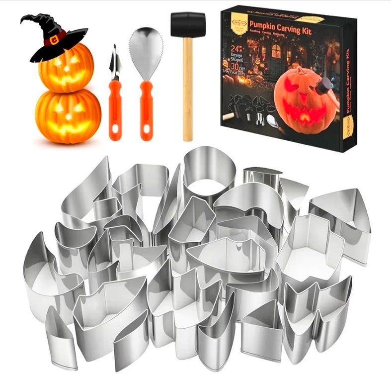 Halloween Pumpkin Carving Set,Stainless Steel 24 Molds with 3 Tools,27 PCS Halloween Pumpkin Carving Tools Set,Carving Knife for Halloween Decoration,Jack-O-Lanterns,Pumpkin Shape Cutters Tool.