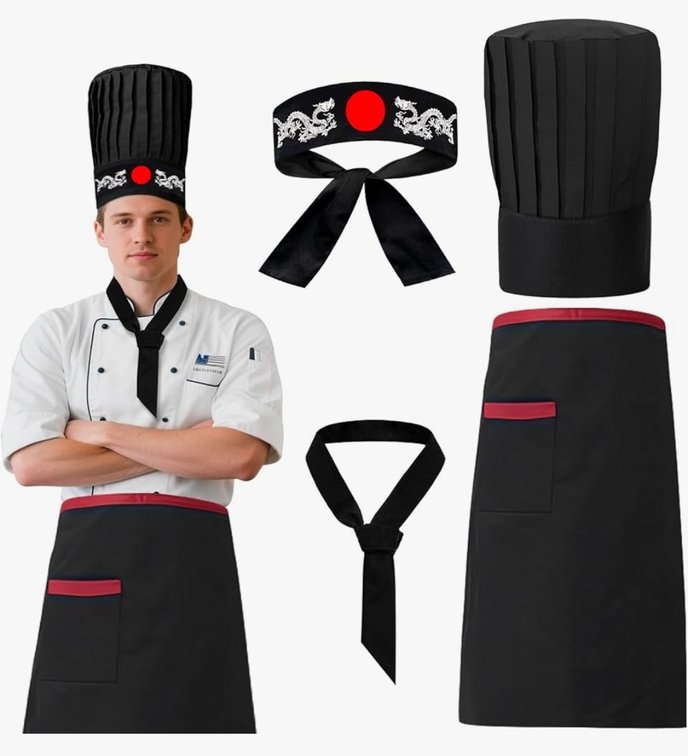 Hibachi Chef Hat and Apron Set – Japanese Style 4-Piece Premium Chef Uniform for Men Women, Premium Chef Apron with Pockets, Hibachi Outfit Cooking Gift for BBQ & Party Decor