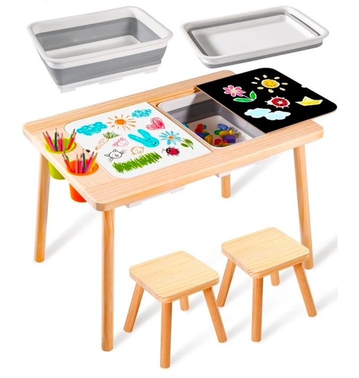 Children's Sensory Table with 2 Stool, Multifunction Toddler Play Sand Table Indoor Art Table Drawing Table for Kids, Toddler Sensory