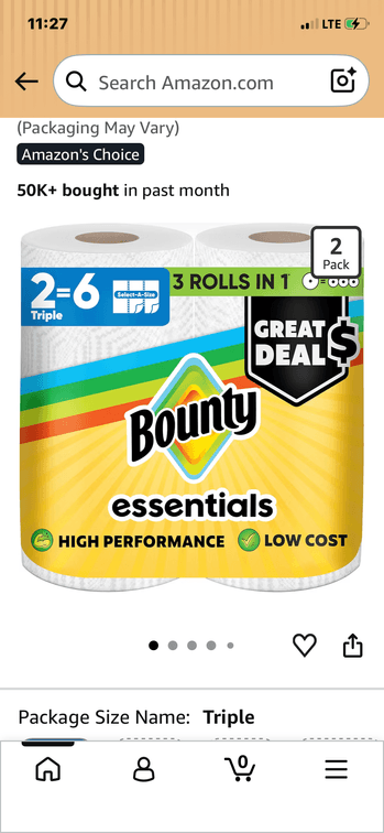 (2) packs Bounty Essentials Select-A-Size Paper Towels, White, 2 Triple Rolls = 6 Regular Rolls
