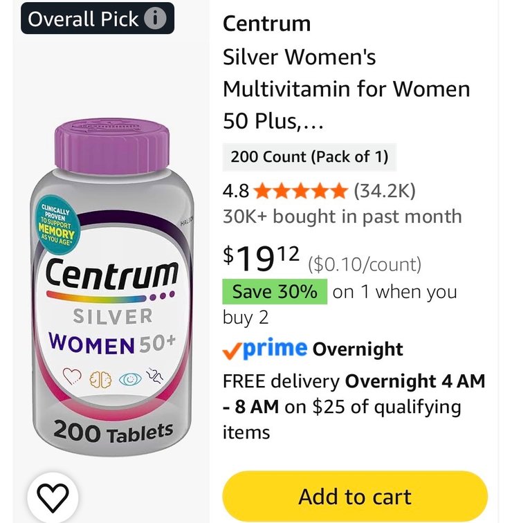 Centrum Silver Women's Multivitamin for Women 50 Plus, Multivitamin/Multimineral Supplement with Vitamin D3, B Vitamins, Non-GMO Ingredients, Supports Memory and Cognition in Older Adults - 200 Ct