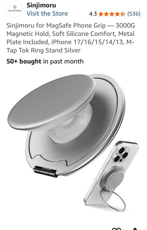 Retails $19 Sinjimoru for MagSafe Phone Grip — 3000G Magnetic Hold, Soft Silicone Comfort, Metal Plate Included, iPhone 17/16/15/14/13, M-Tap Tok Ring Stand Silver