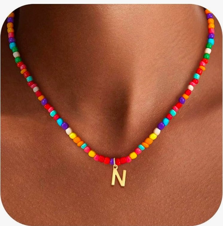 Colorful Initial Necklaces for Girls Kids Women, Cute Beaded Initial Necklace Teen Girl Gifts Trendy Stuff, Bohemian Letter Necklace Birthday Gifts for Women Girls Jewelry