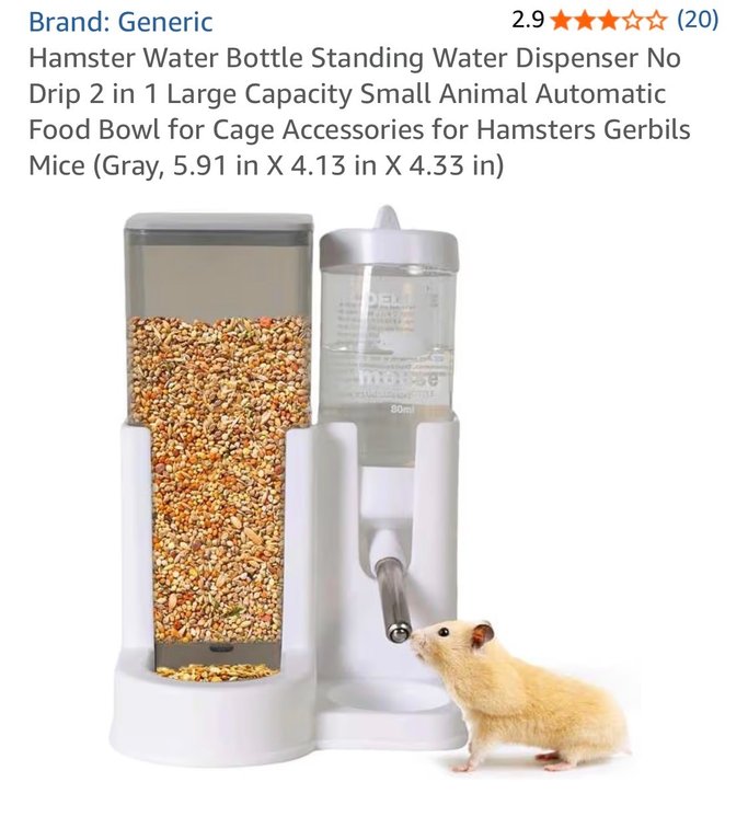 Hamster Water Bottle Standing Water Dispenser No Drip 2 in 1 Large Capacity Small Animal Automatic Food Bowl for Cage Accessories for Hamsters Gerbils Mice (Gray, 5.91 in X 4.13 in X 4.33 in)