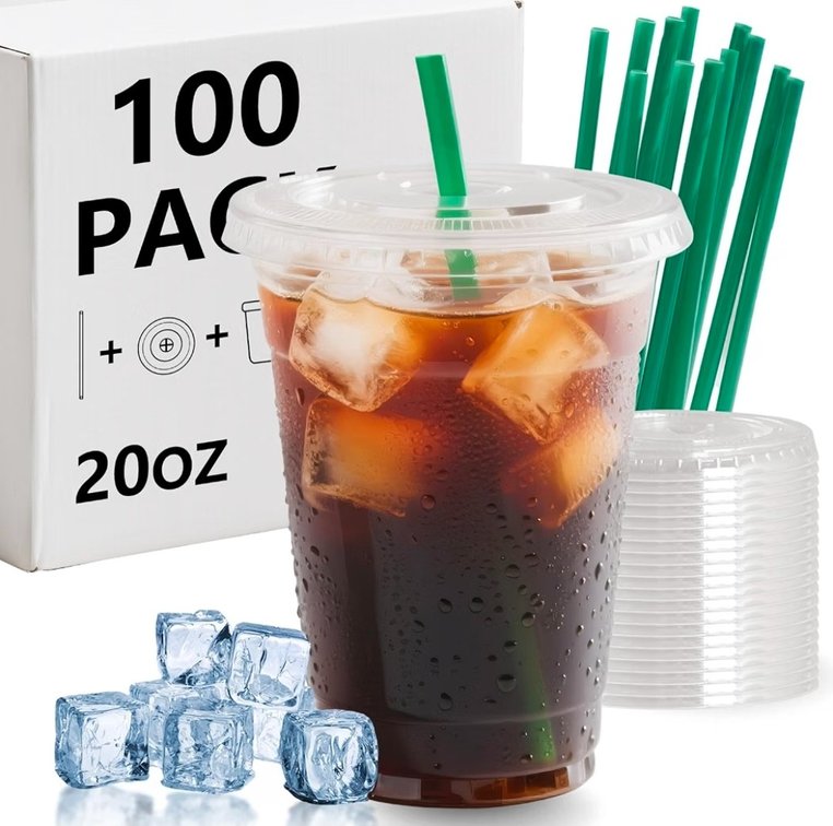 EZSELECT 12OZ Clear Plastic Cups with Lids and Straws 100 Set - Extra Thick Plastic Iced Coffee Cups Bulk, Sturdy & Food Safe Disposable To Go Cups with Lids for Party Birthday Event Bar Juicer