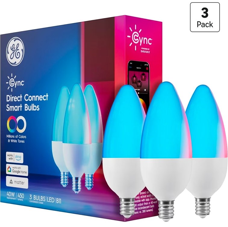 GE Cync Smart LED Light Bulbs, Color Changing Decorative Light Bulbs, Indoor WiFi Lights, Matter Compatible, Compatible with Alexa and Google Home, Candelabra Base (3 Pack)