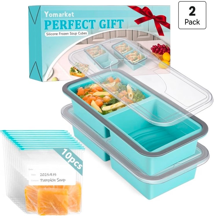 Silicone Freezer Trays with Lids 2 Cup Soup Freezer Containers Molds with 10 Large Freezer Bags, 2 Pack Ice Cube Trays for Freezing Soups, Stews, and Sauces, Dishwasher Safe