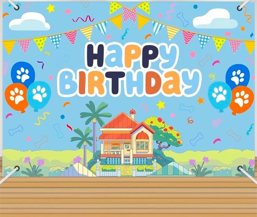 7x5ft Blue Dog Birthday Backdrop with 32ft Ribbon, Birthday Party Decoration Background, Blue Cute Cartoon Theme Photo Banner for Girl, Woman, Kid, Adult