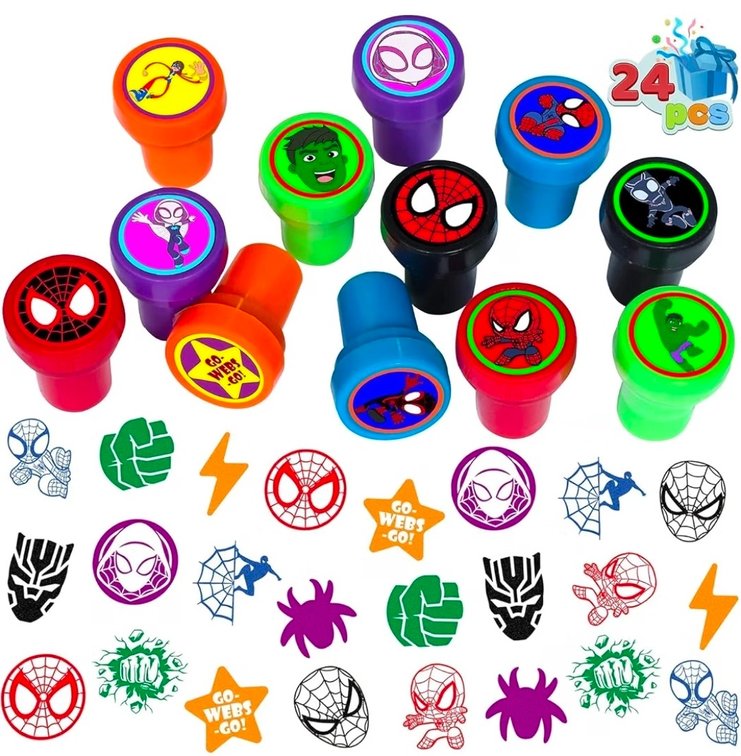 24 Pcs Spide Stampers - Perfect Spide Birthday Party Supplies, Goody Bag Fillers & Party Favors.