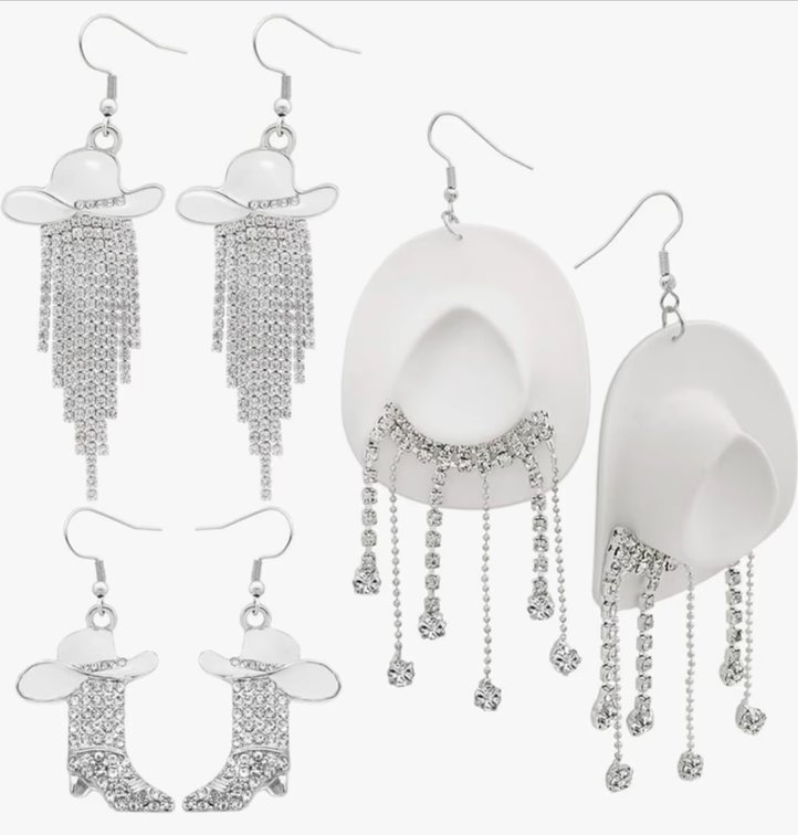 RechicGu 3 Pairs Western Cowgirl Cowboy Hat Earrings Set Silver Symmetric Boots Sparkly Rhinestone Tassels Drop Dangle Rural Culture