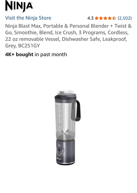 Retails $70 Ninja Blast Max, Portable & Personal Blender + Twist & Go, Smoothie, Blend, Ice Crush, 3 Programs, Cordless, 22 oz removable Vessel, Dishwasher Safe, Leakproof, Grey,