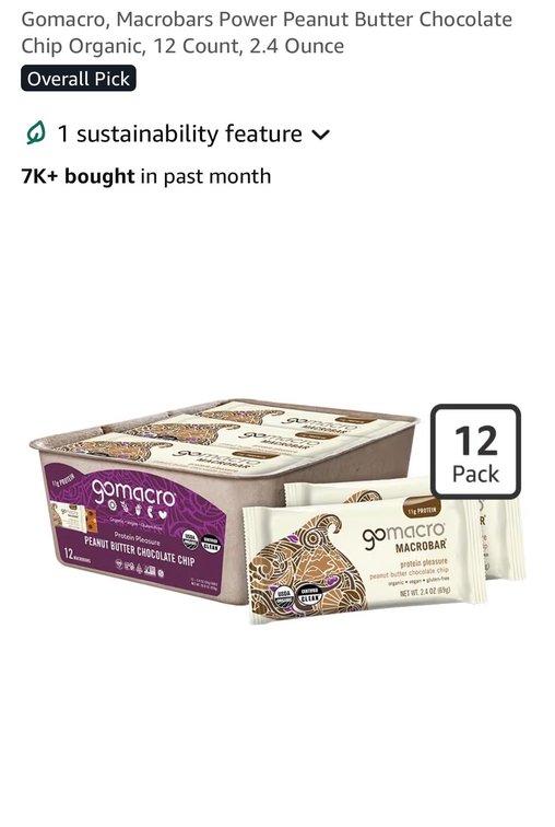Gomacro, Macrobars Power Peanut Butter Chocolate Chip Organic, 12 Count, 2.4 Ounce