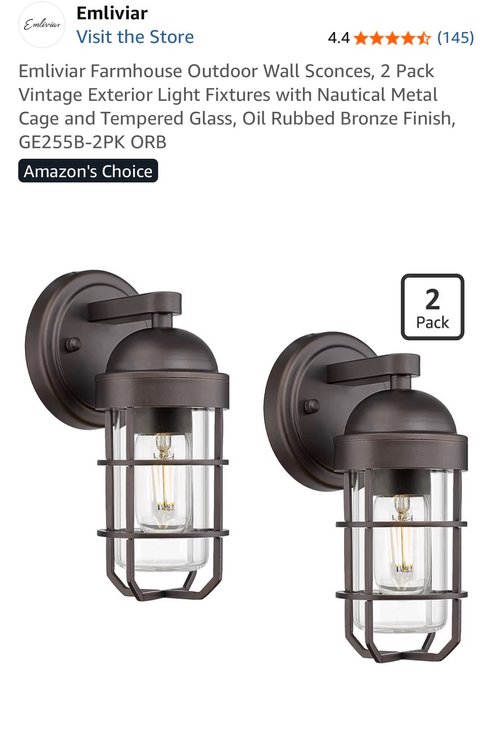 Retail $80 Emliviar Farmhouse Outdoor Wall Sconces, 2 Pack Vintage Exterior Light Fixtures with Nautical Metal Cage and Tempered Glass, Oil Rubbed Bronze Finish,