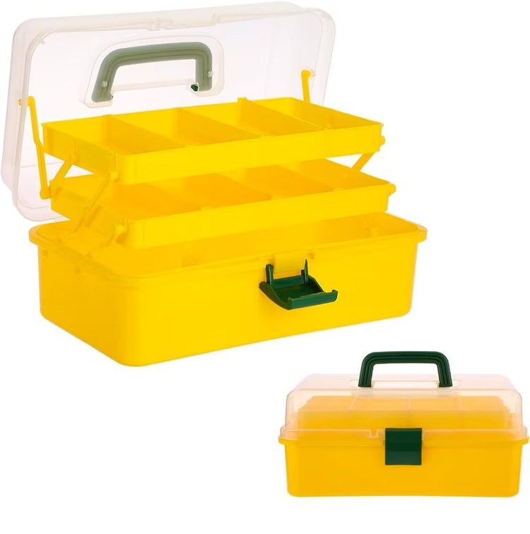 BTSKY 3-Layer Plastic Dividing Storage Box Craft Organizer with Adjustable Spacers Portable Handled Art Supply Organizer Multipurpose Home Utility Box for Sewing (Yellow+Green)