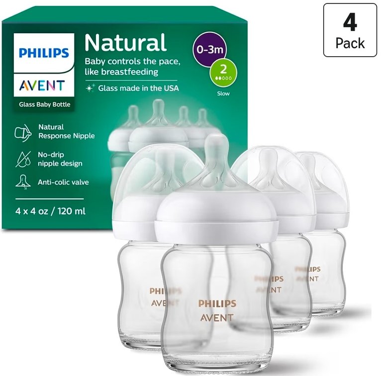 Philips Avent Natural Glass Baby Bottles with Natural Response Nipples (Slow Flow, Flow 2), 4oz, 4-Pack, SCY910/04