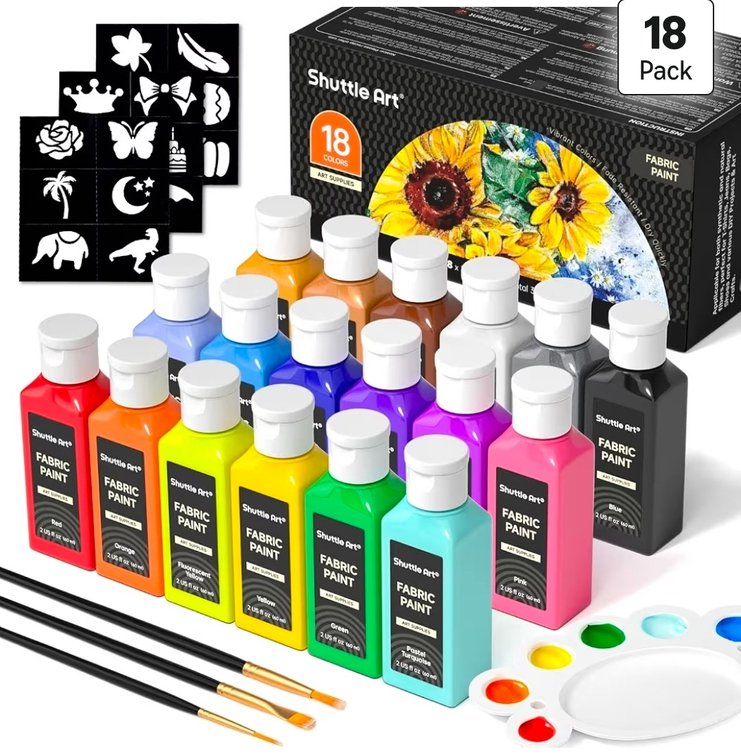 Shuttle Art Fabric Paint, 18 Colors Permanent Soft Fabric Paint in Bottles (60ml/2oz) with Brushes, Palette, Stencils, Non-Toxic Textile Paint for T-Shirts, Shoes, Jeans, Bags, DIY Projects&Art