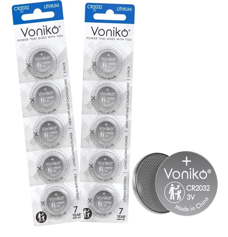 Voniko CR2032 3V Lithium Batteries 10 Pack for Child Safety, Compatible with AirTag, Key Fobs, Thermometers, Scales – 7 Years Shelf Life