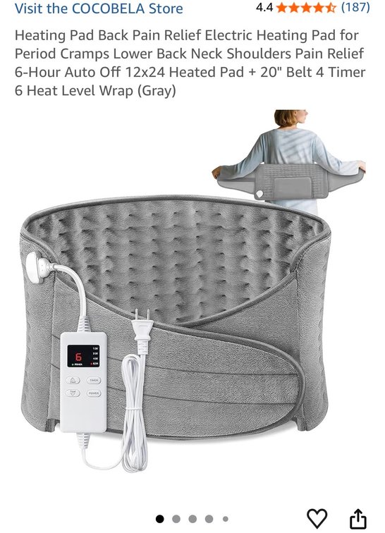 Heating Pad Back Pain Relief Electric Heating Pad for Period Cramps Lower Back Neck Shoulders Pain Relief 6-Hour Auto Off 12x24 Heated Pad + 20" Belt 4 Timer 6 Heat Level Wrap (Gray)
