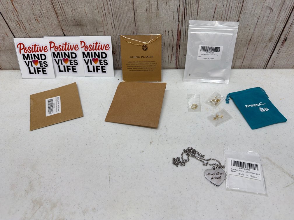Misc lot, stickers and jewelry
