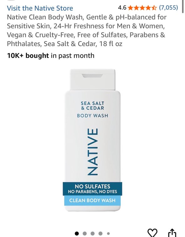 Native Clean Body Wash, Gentle & pH-balanced for Sensitive Skin, 24-Hr Freshness for Men & Women, Vegan & Cruelty-Free, Free of Sulfates, Parabens & Phthalates, Sea Salt & Cedar, 18 fl oz