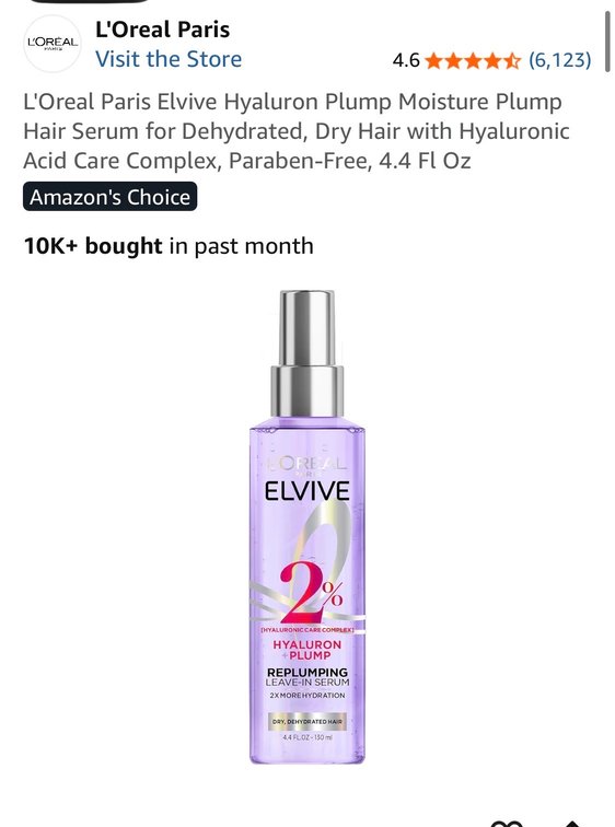 L'Oreal Paris Elvive Hyaluron Plump Moisture Plump Hair Serum for Dehydrated, Dry Hair with Hyaluronic Acid Care Complex, Paraben-Free, 4.4 Fl Oz