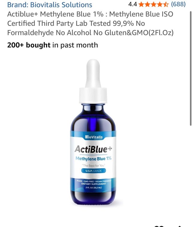Retails $14 Actiblue+ Methylene Blue 1% : Methylene Blue ISO Certified Third Party Lab Tested 99,9% No Formaldehyde No Alcohol No Gluten&GMO(2Fl.Oz