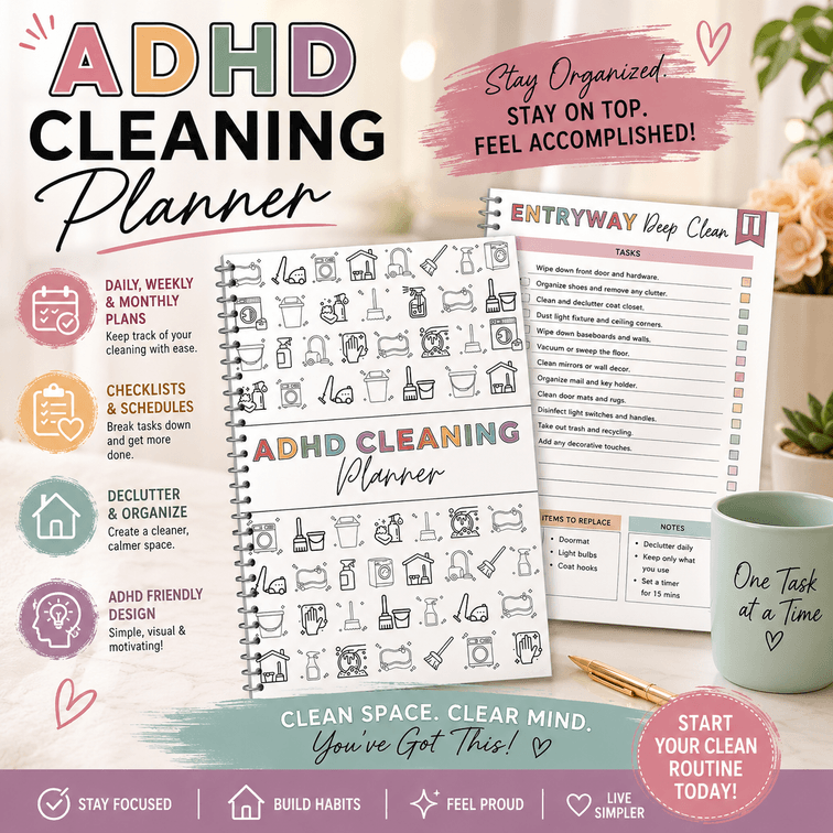 ADHD Cleaning Planner for Adults Women Teens Adhd Cleaning and Organizing Planner Cleaning Schedule and Checklist Notebook List Daily Weekly Monthly for Home Chore Chart Adhd Daily Planner