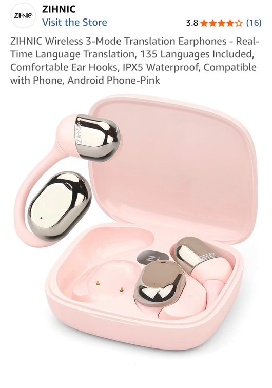 Retail $25 ZIHNIC Wireless 3-Mode Translation Earphones - Real-Time Language Translation, 135 Languages Included, Comfortable Ear Hooks, IPX5 Waterproof, Compatible with Phone, Android Phone-Pink