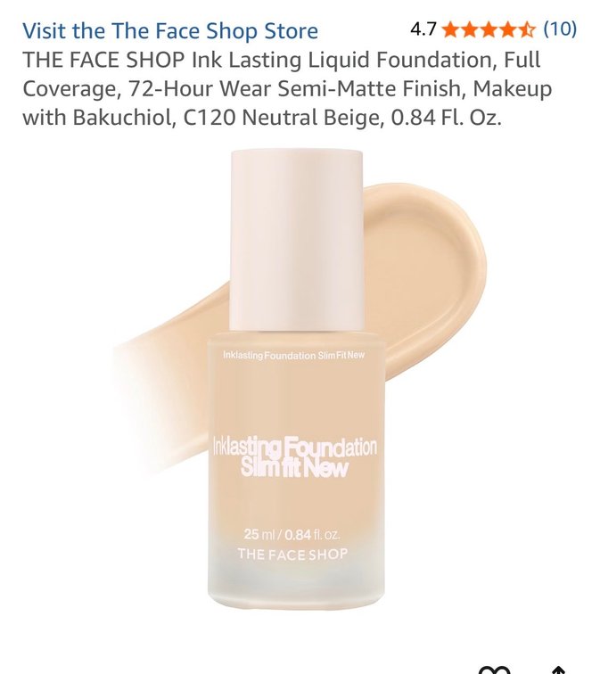 Retail $24 THE FACE SHOP Ink Lasting Liquid Foundation, Full Coverage, 72‑Hour Wear Semi‑Matte Finish, Makeup with Bakuchiol, C120 Neutral Beige, 0.84 Fl. Oz.