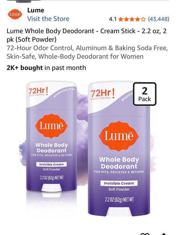 Retail $29 Lume Whole Body Deodorant - Cream Stick - 2.2 oz, 2 pk (Soft Powder) 72-Hour Odor Control, Aluminum & Baking Soda Free, Skin-Safe, Whole-Body Deodorant for Women