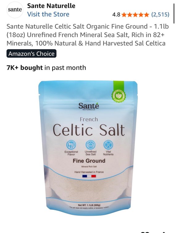 Sante Naturelle Celtic Salt Organic Fine Ground - 1.1lb (18oz) Unrefined French Mineral Sea Salt, Rich in 82+ Minerals, 100% Natural & Hand Harvested Sal Celtica