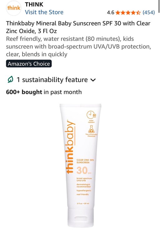 Retail $13 Thinkbaby Mineral Baby Sunscreen SPF 30 with Clear Zinc Oxide, 3 Fl Oz