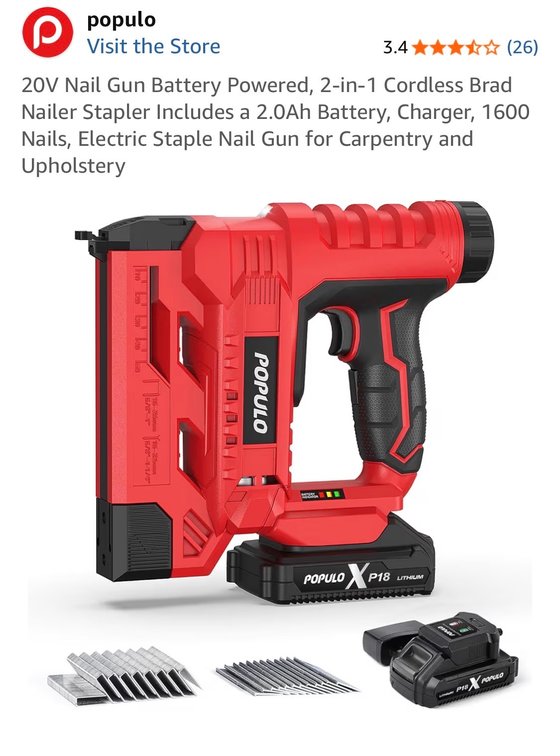 20V Nail Gun Battery Powered, 2-in-1 Cordless Brad Nailer Stapler Includes a 2.0Ah Battery, Charger, 1600 Nails, Electric Staple Nail Gun for Carpentry and Upholstery