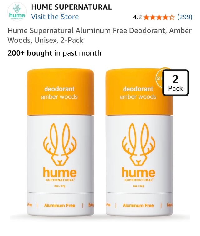 Retails $30  Hume Supernatural Aluminum Free Deodorant, Amber Woods, Unisex, 2-Pack