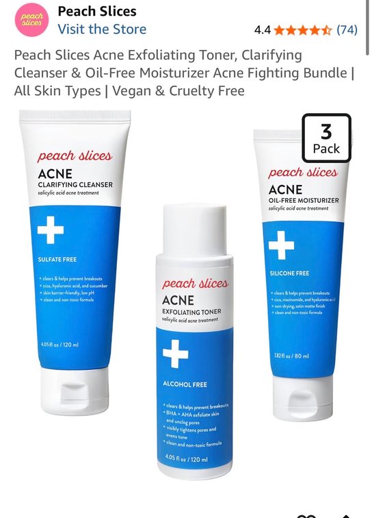 Peach Slices Acne Exfoliating Toner, Clarifying Cleanser & Oil-Free Moisturizer Acne Fighting Bundle | All Skin Types | Vegan & Cruelty Free
