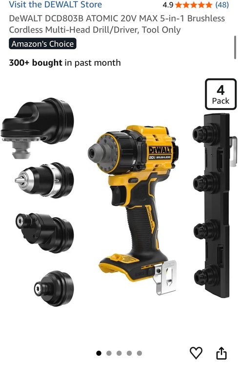 DeWALT DCD803B ATOMIC 20V MAX 5-in-1 Brushless Cordless Multi-Head Drill/Driver, Tool Only