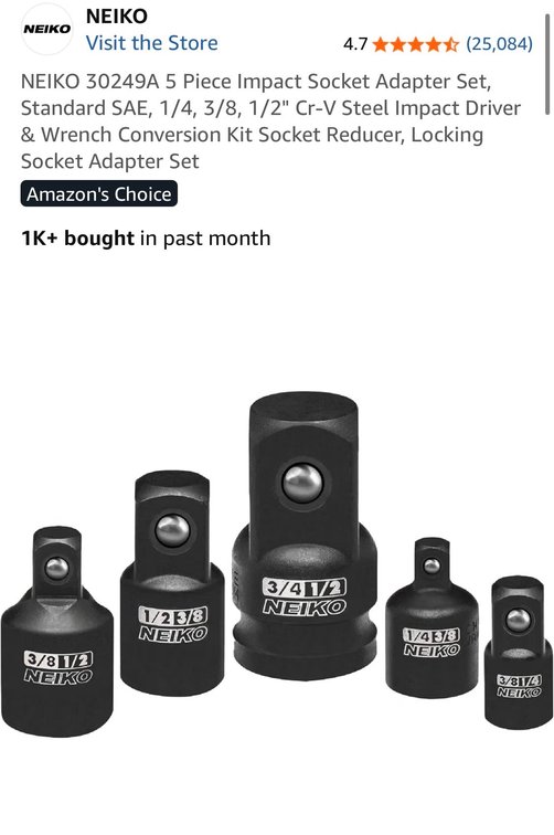 NEIKO 30249A 5 Piece Impact Socket Adapter Set, Standard SAE, 1/4, 3/8, 1/2" Cr-V Steel Impact Driver & Wrench Conversion Kit Socket Reducer, Locking Socket Adapter Set