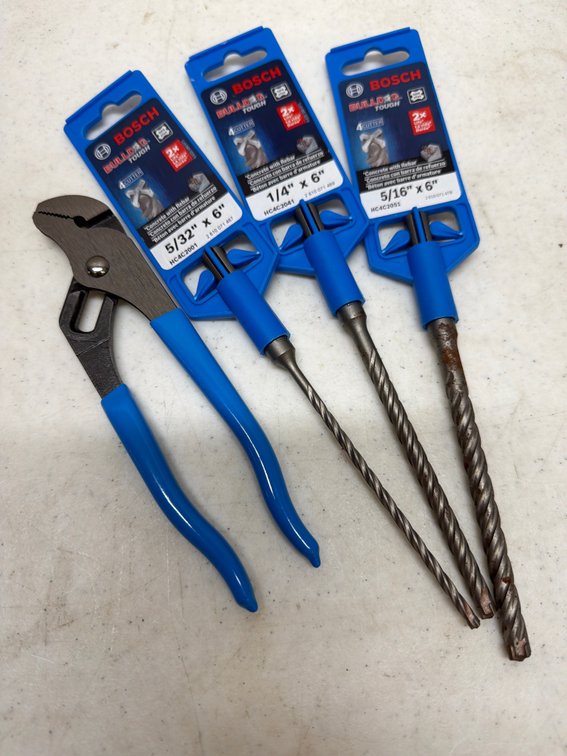 Pair of channellock pliers and 3 Bosch concrete bits