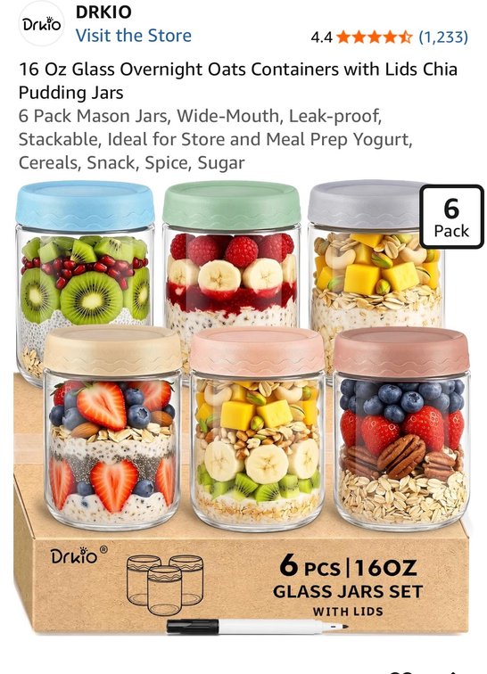 16 Oz Glass Overnight Oats Containers with Lids Chia Pudding Jars