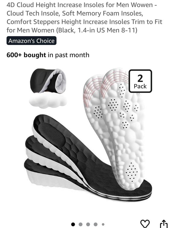 Mens 9-10/Women 11-12 4D Cloud Height Increase Insoles for Men Wowen - Cloud Tech Insole,