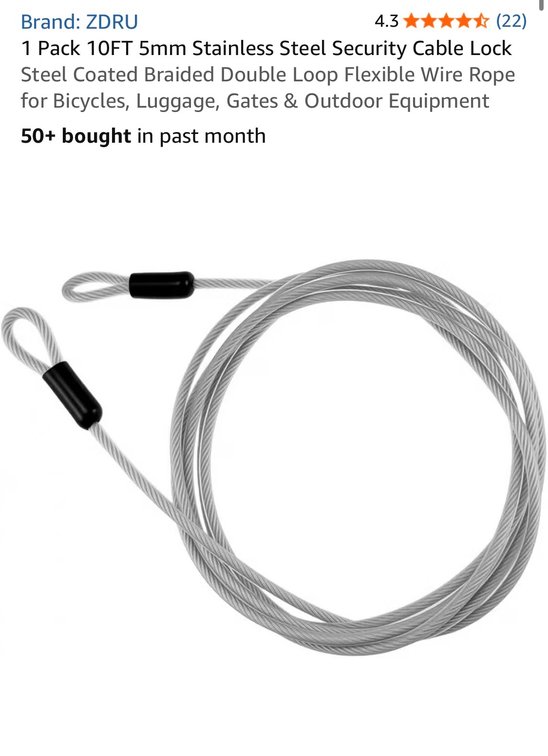 1 Pack 10FT 5mm Stainless Steel Security Cable Lock Steel Coated Braided Double Loop Flexible