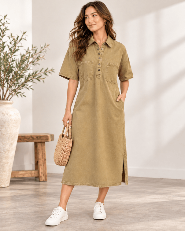 Retail $34 ChouyaTou size L distressed button up khaki denim midi