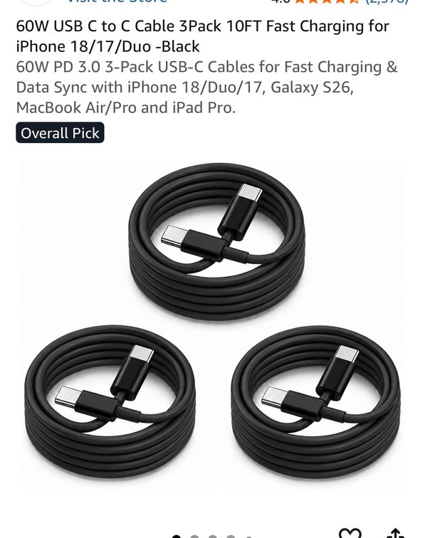 60W USB C to C Cable 3Pack 10FT Fast Charging for iPhone 18/17/Duo -Black