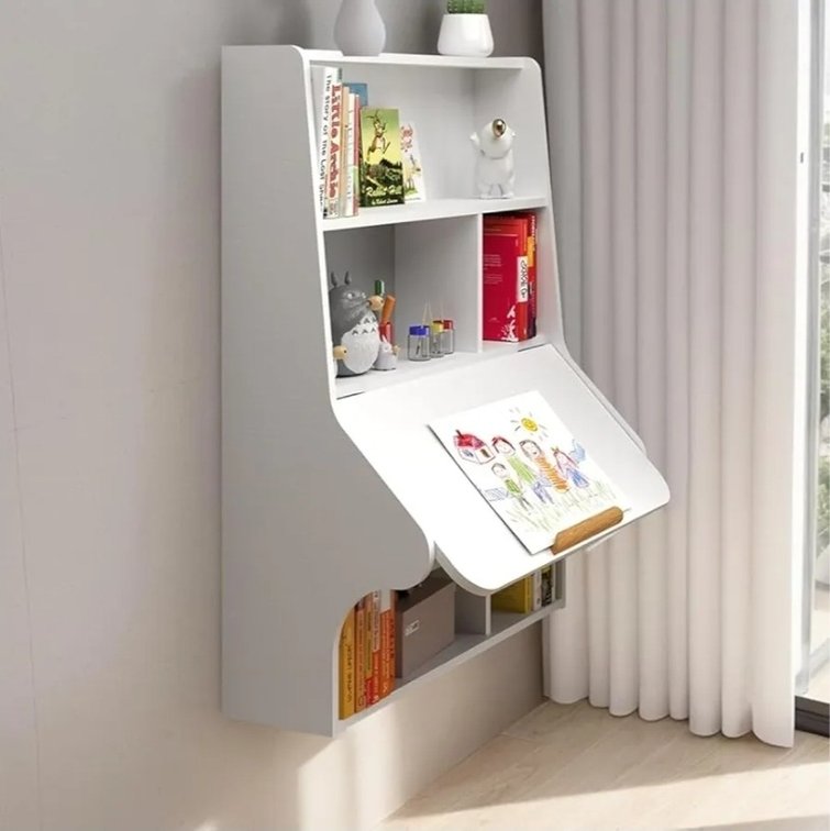 Folding Wall Mounted Drop Leaf Table, Foldable Desk with Shelves, Floating Laptop with 4 Adjustable Angles, Multifunctional Computer Workstation with Storage Compartments for Space Saving
