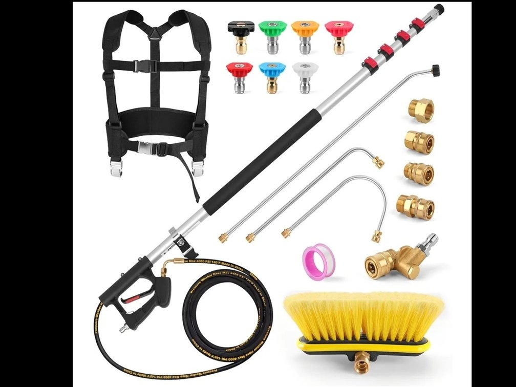 24FT Telescoping Power Washer Extension Wand, Gutter Cleaning Tools with Brush Head, 4 Adapters, 7 Spray Nozzles, Upgraded Support Belt, Pressure Washer Wand Extension for Wall Roof Gutter