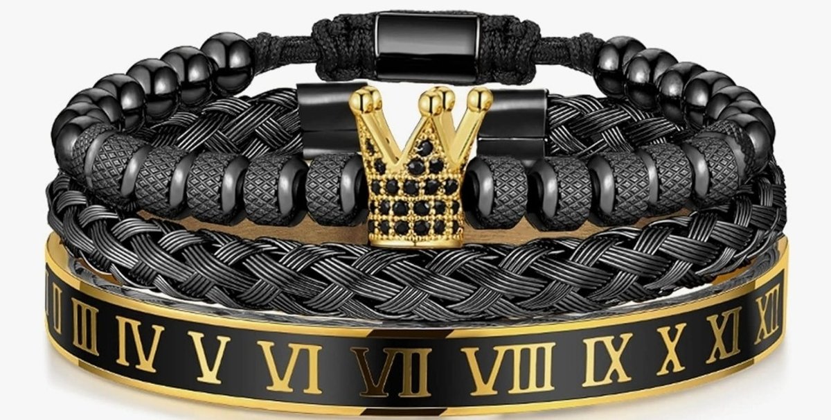 WFYOU 3PCS Stainless Steel Imperial Crown Bracelets for Men Gold Roman Numeral Bangle Bracelet Adjustable Cuff Bracelet Mens Luxury Jewelry Gifts