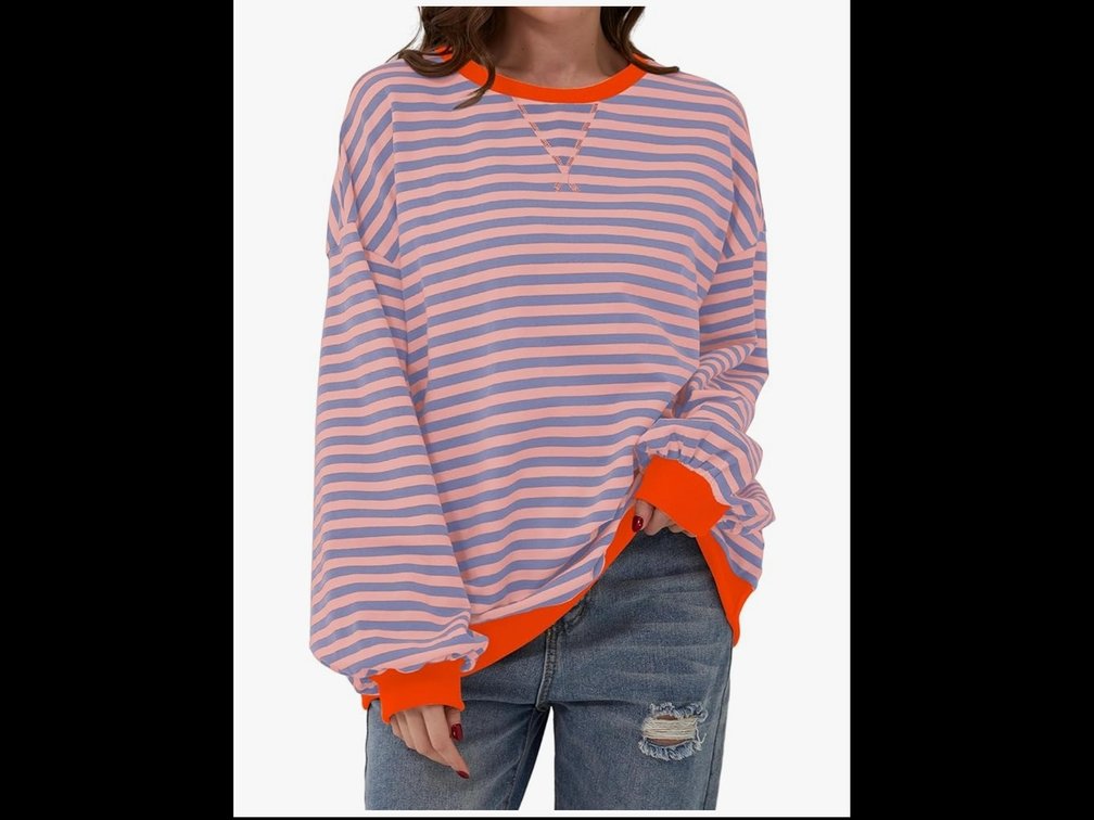 Women's M Labolliy Women Striped Oversized Sweatshirt Color Block Crew Neck Long Sleeve Shirt Casual Pullover Top Fall Y2K Clothes